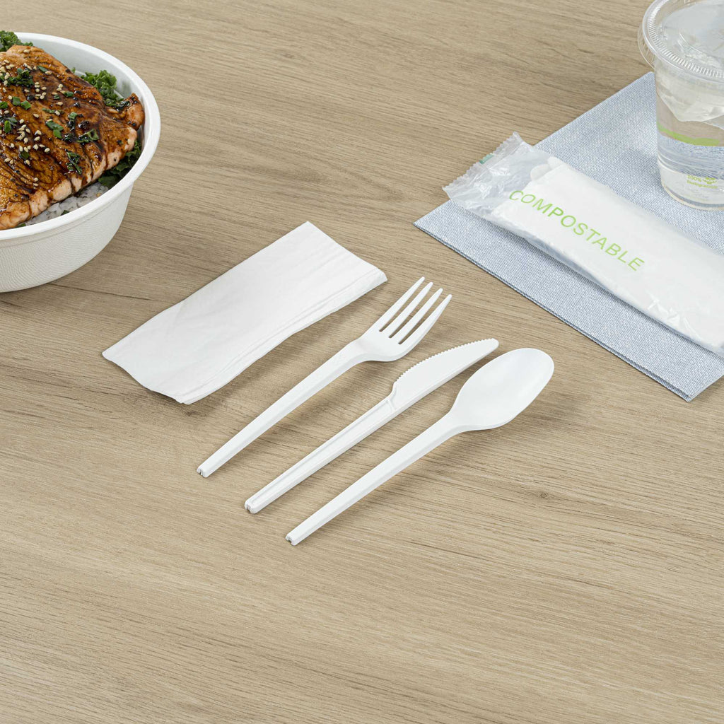 Basic Nature White CPLA Plastic Cutlery Set - Compostable Wrapper, White Napkin, Heat-Resistant - 6 1/2" - 100 count box