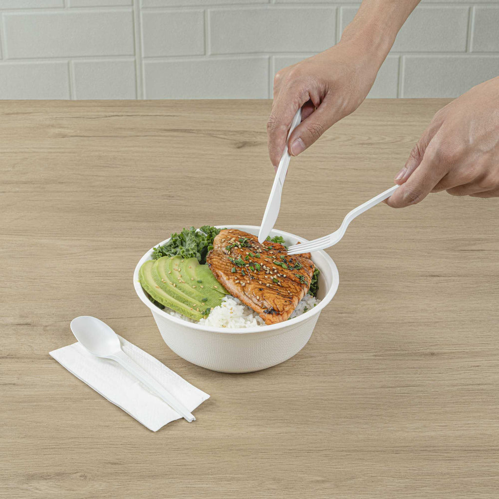 Basic Nature White CPLA Plastic Cutlery Set - Compostable Wrapper, White Napkin, Heat-Resistant - 6 1/2" - 100 count box