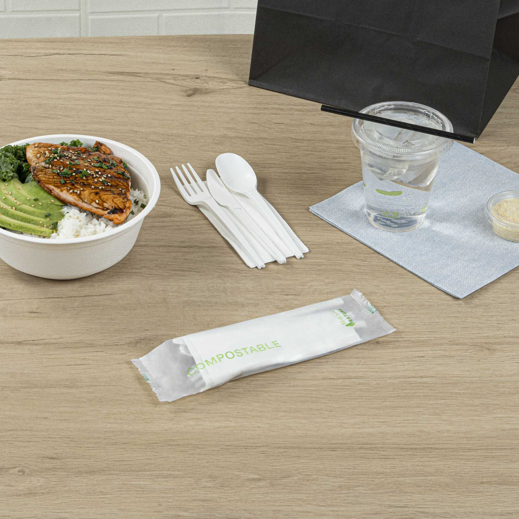 Basic Nature White CPLA Plastic Cutlery Set - Compostable Wrapper, White Napkin, Heat-Resistant - 6 1/2" - 100 count box