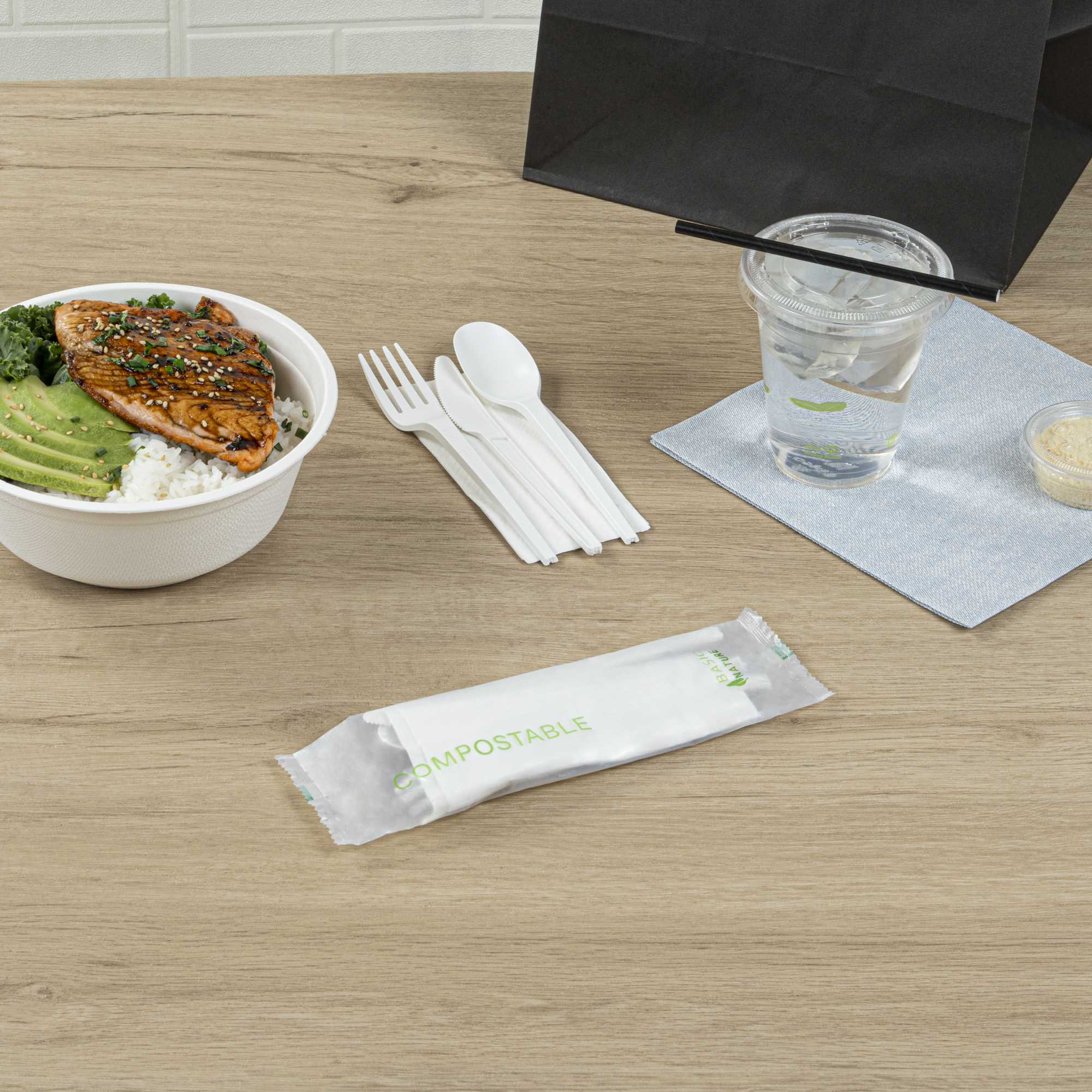 Basic Nature White CPLA Plastic Cutlery Set - Compostable Wrapper, White Napkin, Heat-Resistant - 6 1/2" - 100 count box