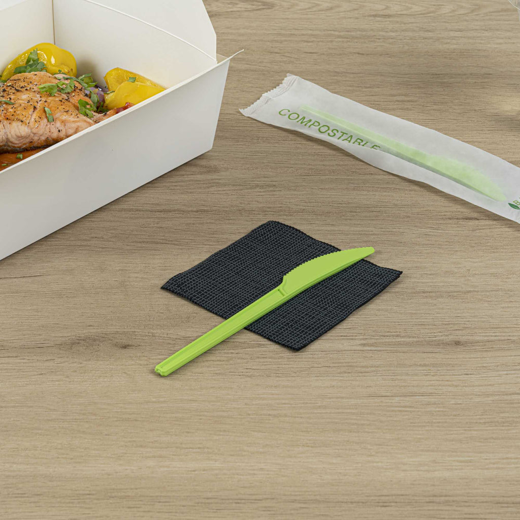 Basic Nature Green CPLA Plastic Knife - Compostable Wrapper, Heat-Resistant - 6 1/2" - 250 count box