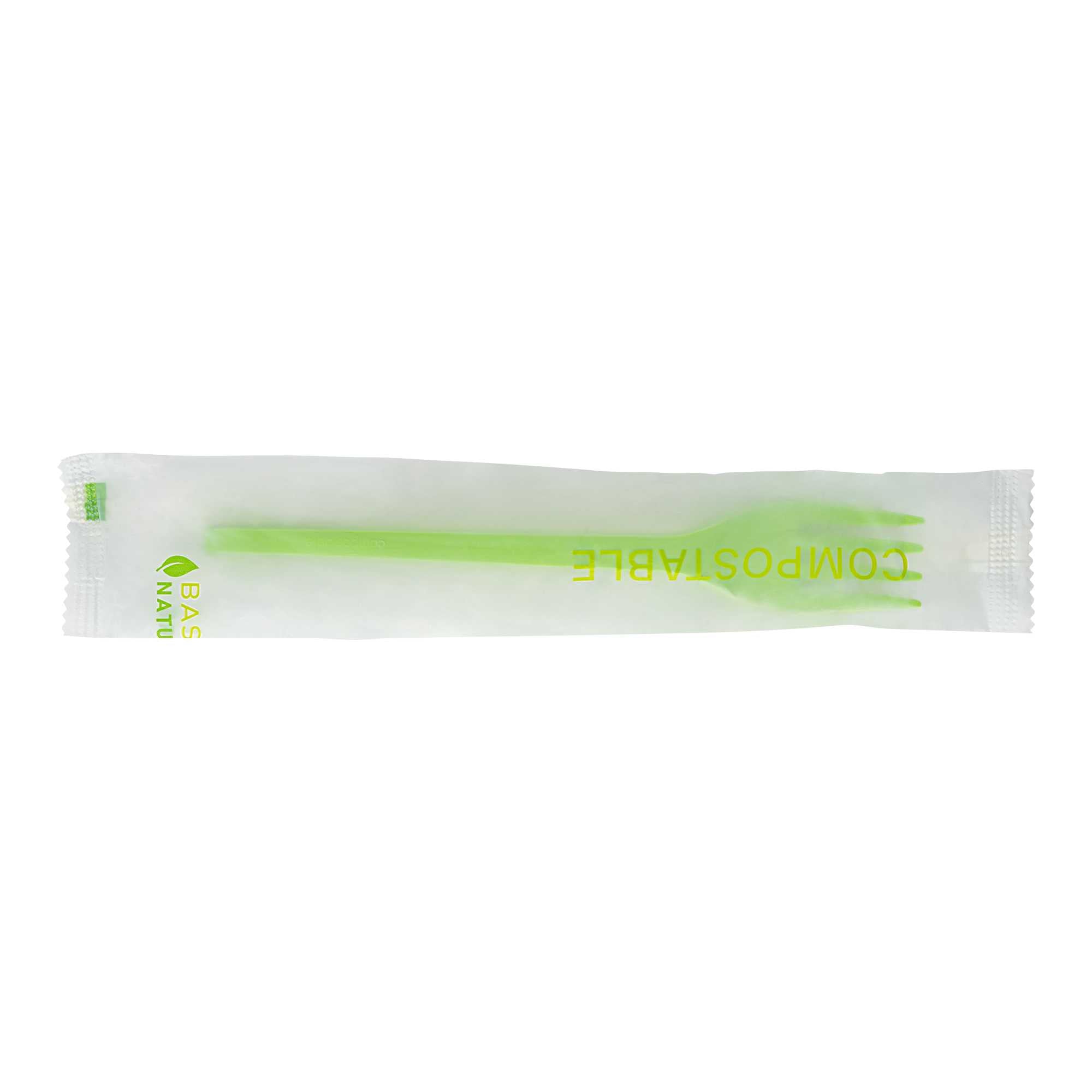 Basic Nature Green CPLA Plastic Fork - Compostable Wrapper, Heat-Resistant - 6 1/2" - 250 count box