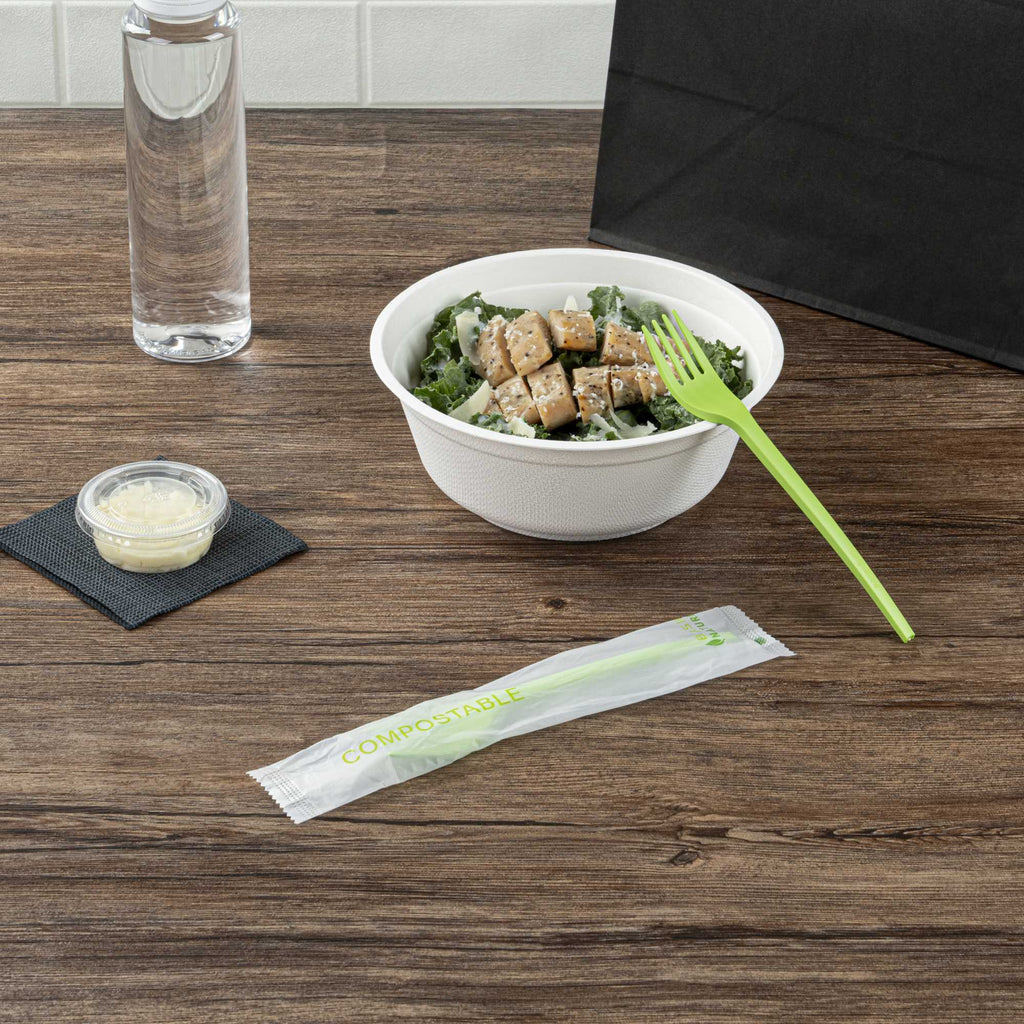 Basic Nature Green CPLA Plastic Fork - Compostable Wrapper, Heat-Resistant - 6 1/2" - 250 count box