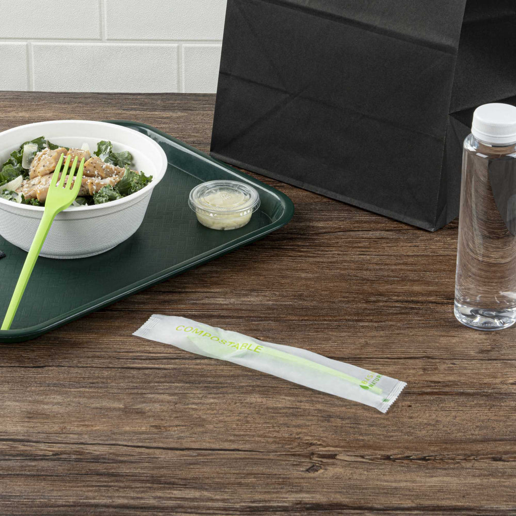 Basic Nature Green CPLA Plastic Fork - Compostable Wrapper, Heat-Resistant - 6 1/2" - 250 count box