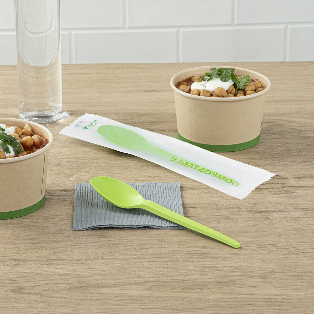 Basic Nature Green CPLA Plastic Spoon - Compostable Wrapper, Heat-Resistant - 6 1/2" - 250 count box