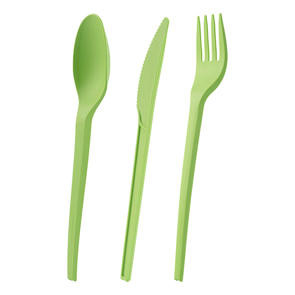 Basic Nature Green CPLA Plastic Cutlery Set - Compostable Wrapper, Heat-Resistant - 6 1/2" - 100 count box