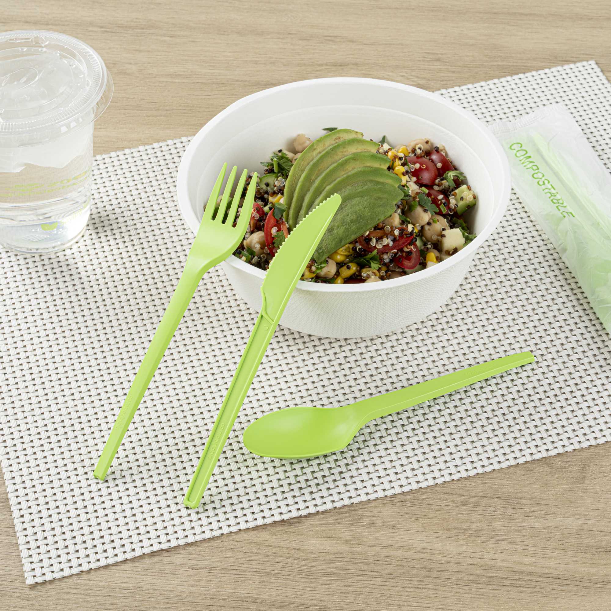 Basic Nature Green CPLA Plastic Cutlery Set - Compostable Wrapper, Heat-Resistant - 6 1/2" - 100 count box