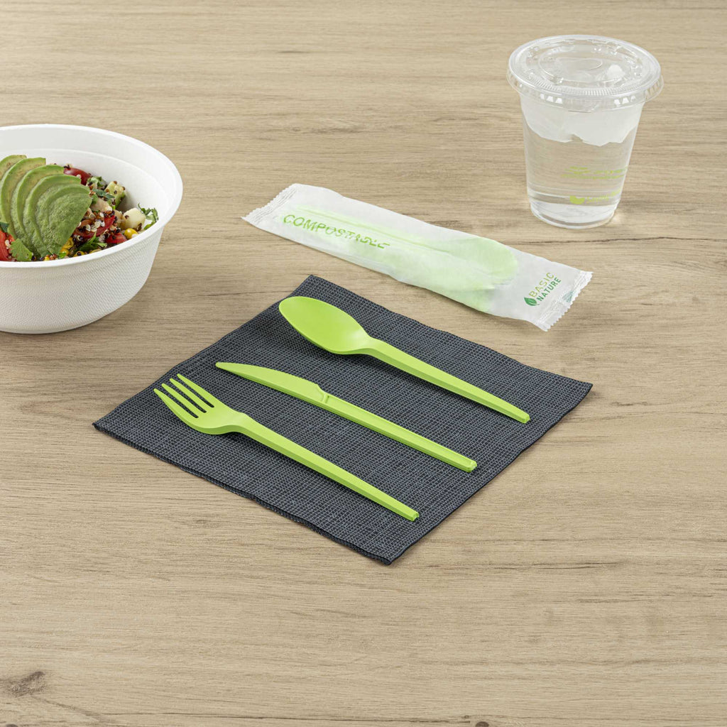Basic Nature Green CPLA Plastic Cutlery Set - Compostable Wrapper, Heat-Resistant - 6 1/2" - 100 count box