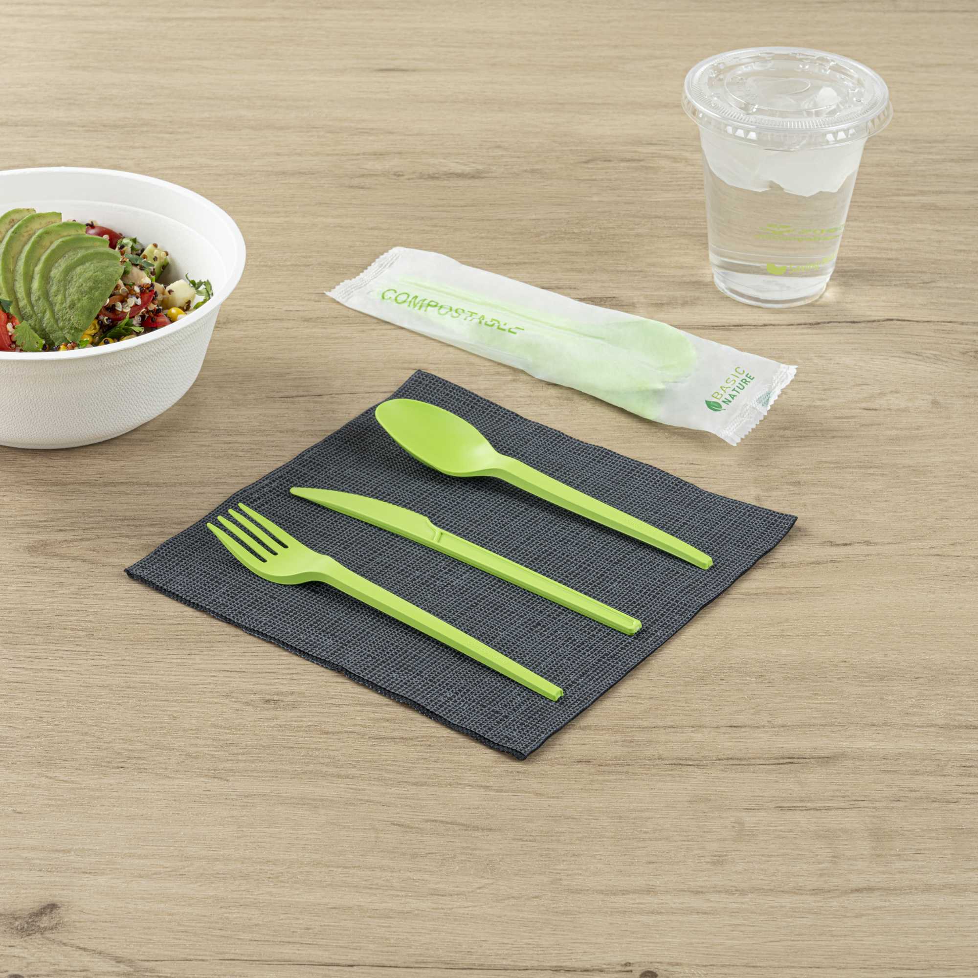 Basic Nature Green CPLA Plastic Cutlery Set - Compostable Wrapper, Heat-Resistant - 6 1/2" - 100 count box