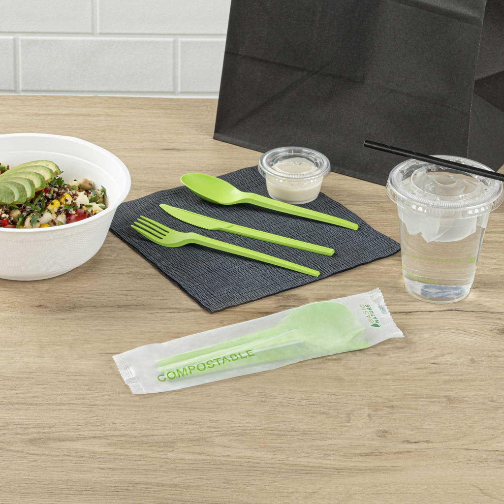 Basic Nature Green CPLA Plastic Cutlery Set - Compostable Wrapper, Heat-Resistant - 6 1/2" - 100 count box