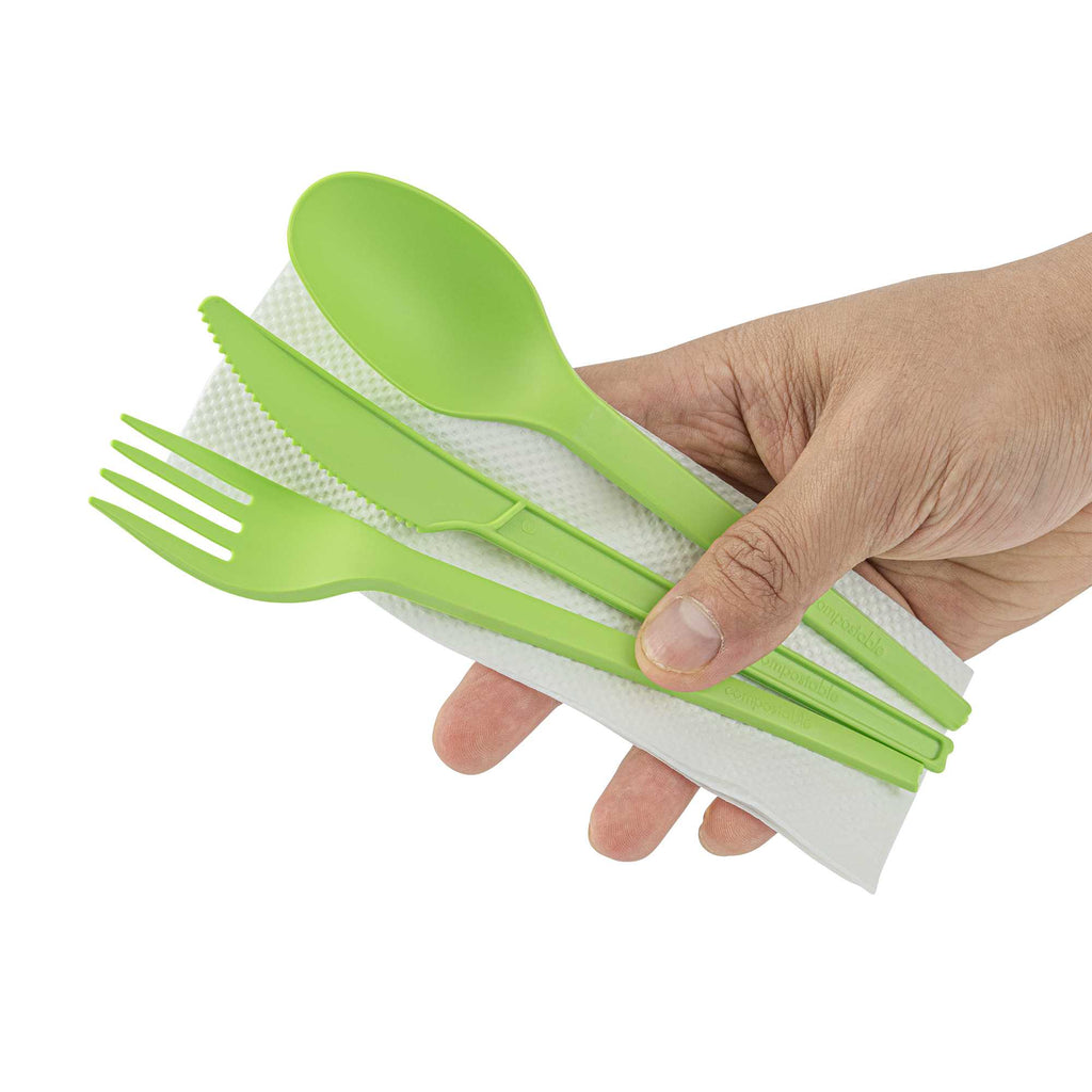 Basic Nature Green CPLA Plastic Cutlery Set - Compostable Wrapper, White Napkin, Heat-Resistant - 6 1/2" - 100 count box