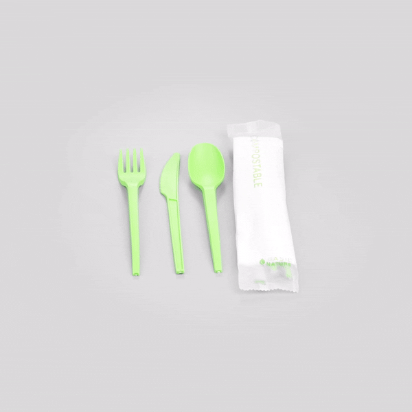 Basic Nature Green CPLA Plastic Cutlery Set - Compostable Wrapper, White Napkin, Heat-Resistant - 6 1/2" - 100 count box
