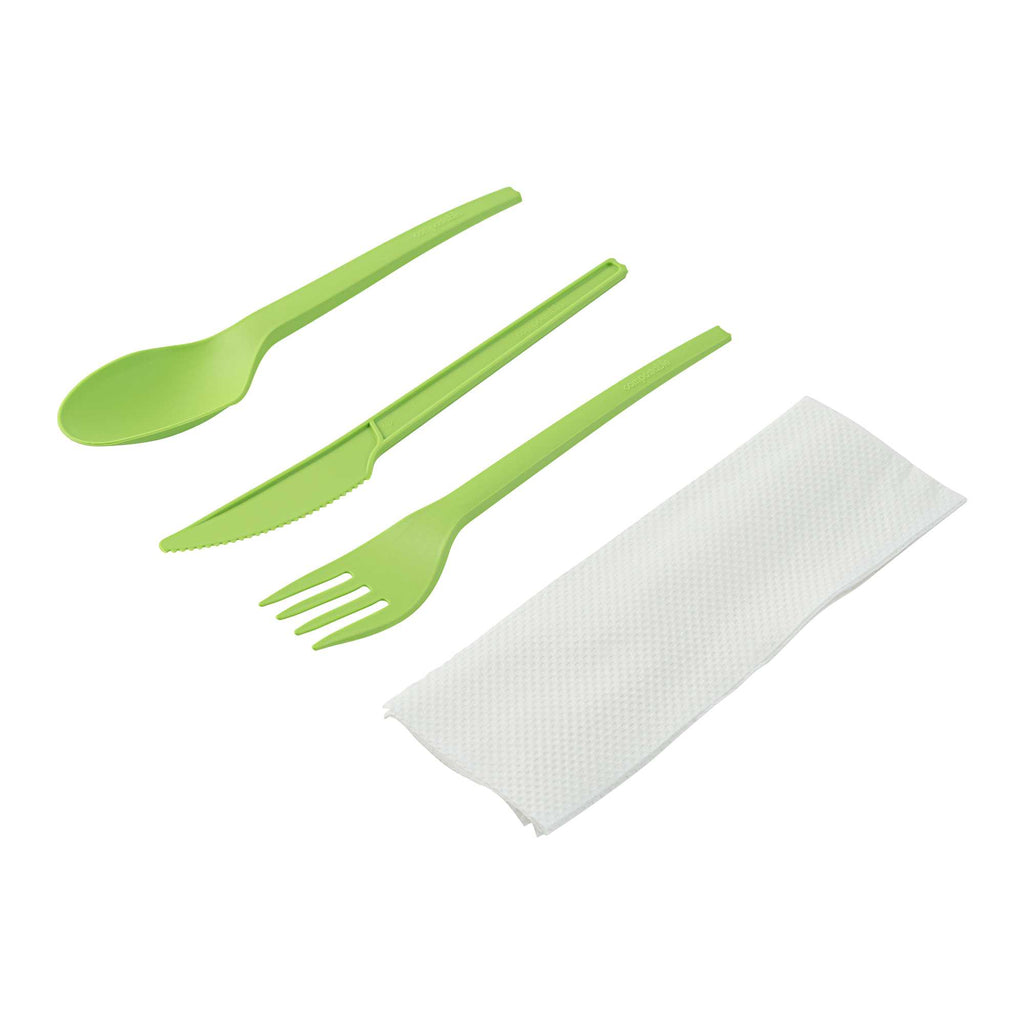 Basic Nature Green CPLA Plastic Cutlery Set - Compostable Wrapper, White Napkin, Heat-Resistant - 6 1/2" - 100 count box