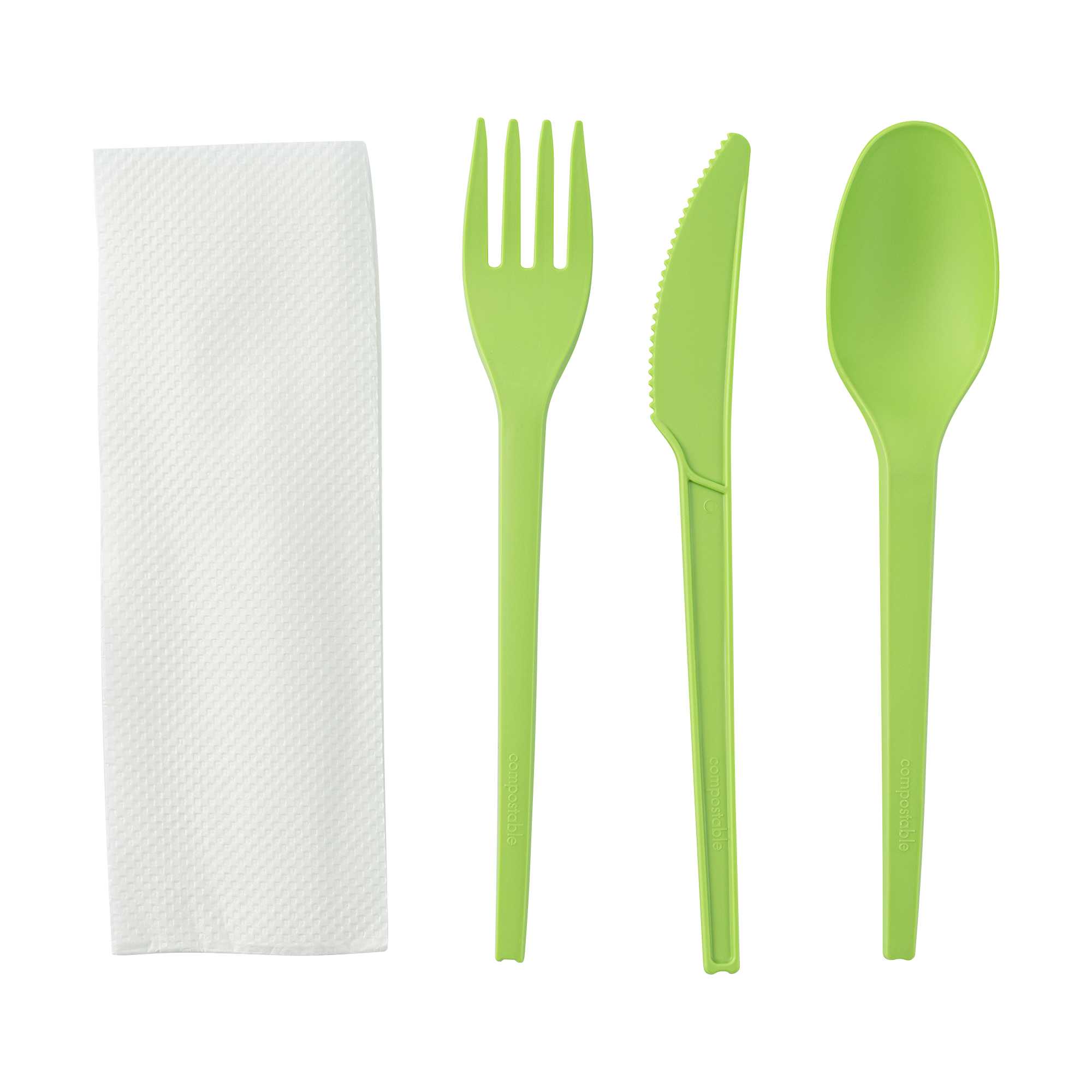 Basic Nature Green CPLA Plastic Cutlery Set - Compostable Wrapper, White Napkin, Heat-Resistant - 6 1/2" - 100 count box