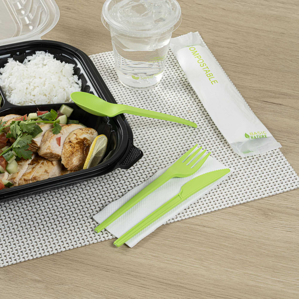 Basic Nature Green CPLA Plastic Cutlery Set - Compostable Wrapper, White Napkin, Heat-Resistant - 6 1/2" - 100 count box