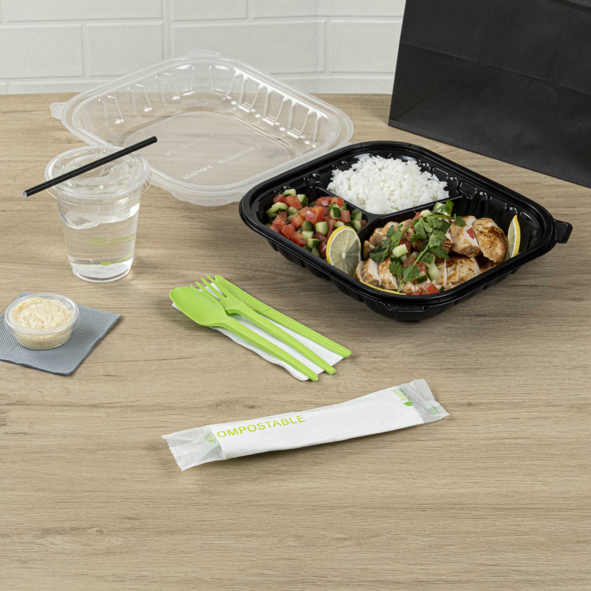 Basic Nature Green CPLA Plastic Cutlery Set - Compostable Wrapper, White Napkin, Heat-Resistant - 6 1/2" - 100 count box