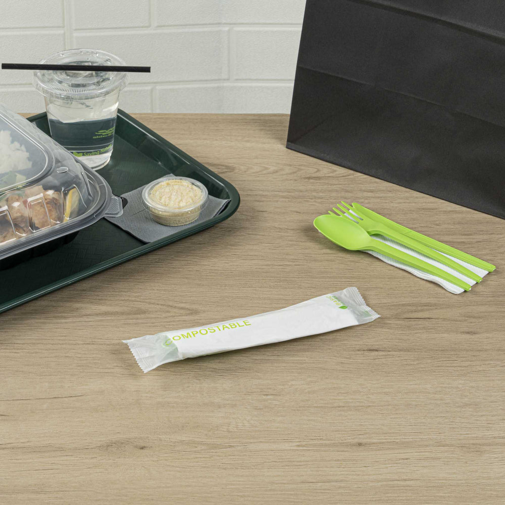 Basic Nature Green CPLA Plastic Cutlery Set - Compostable Wrapper, White Napkin, Heat-Resistant - 6 1/2" - 100 count box