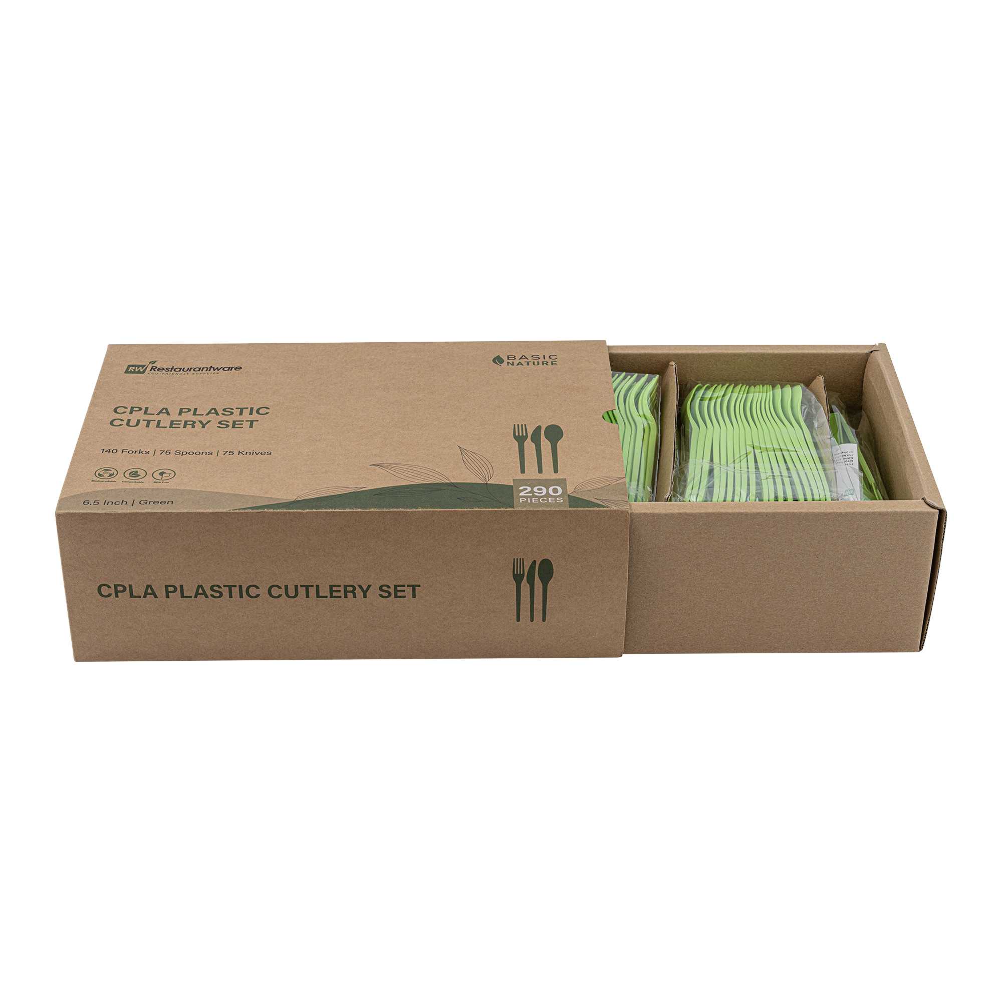 Basic Nature Green CPLA Plastic Cutlery Set - Heat-Resistant, Compostable - 6 1/2" - 290 count box