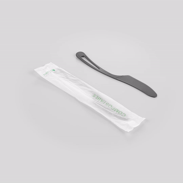 Basic Nature Black CPLA Plastic Knife - Compostable Wrapper, Heat-Resistant - 7 1/2" - 250 count box