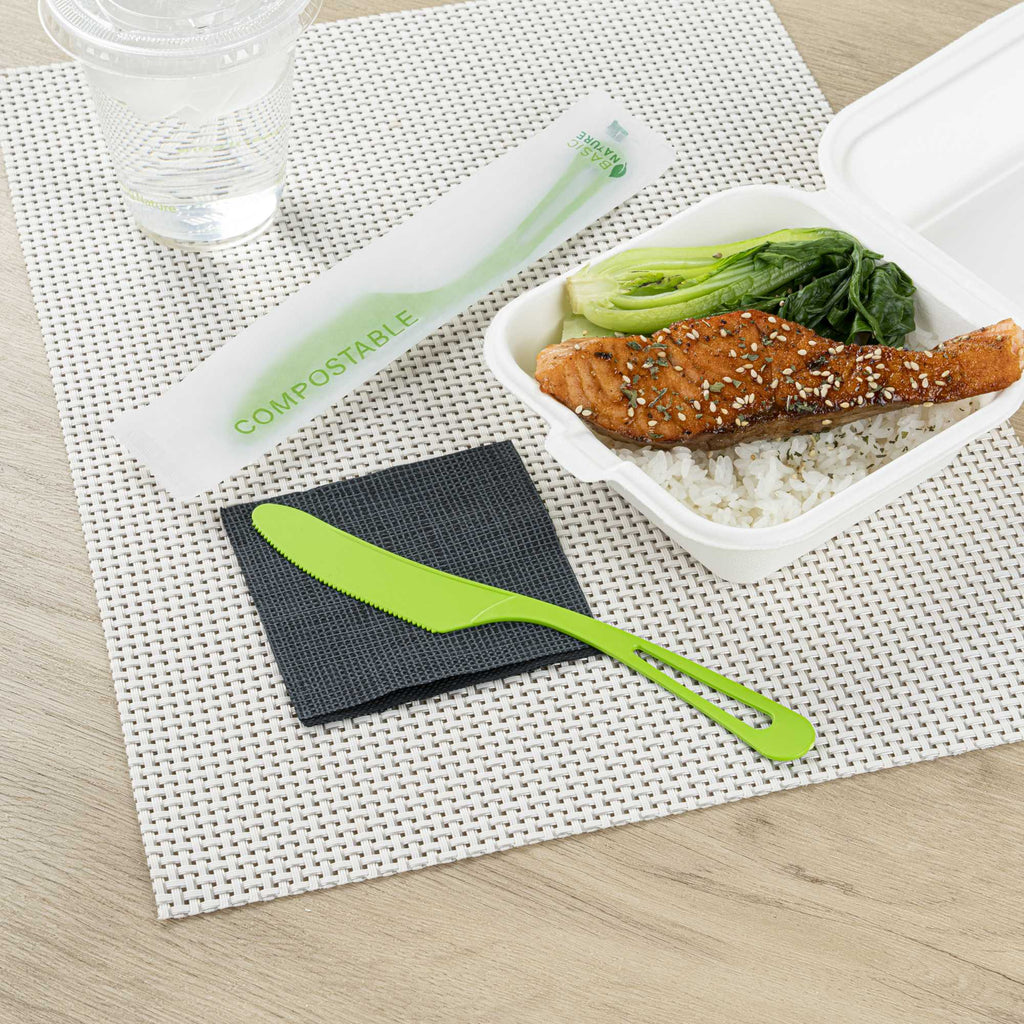 Basic Nature Green CPLA Plastic Knife - Compostable Wrapper, Heat-Resistant - 7 1/2" - 250 count box