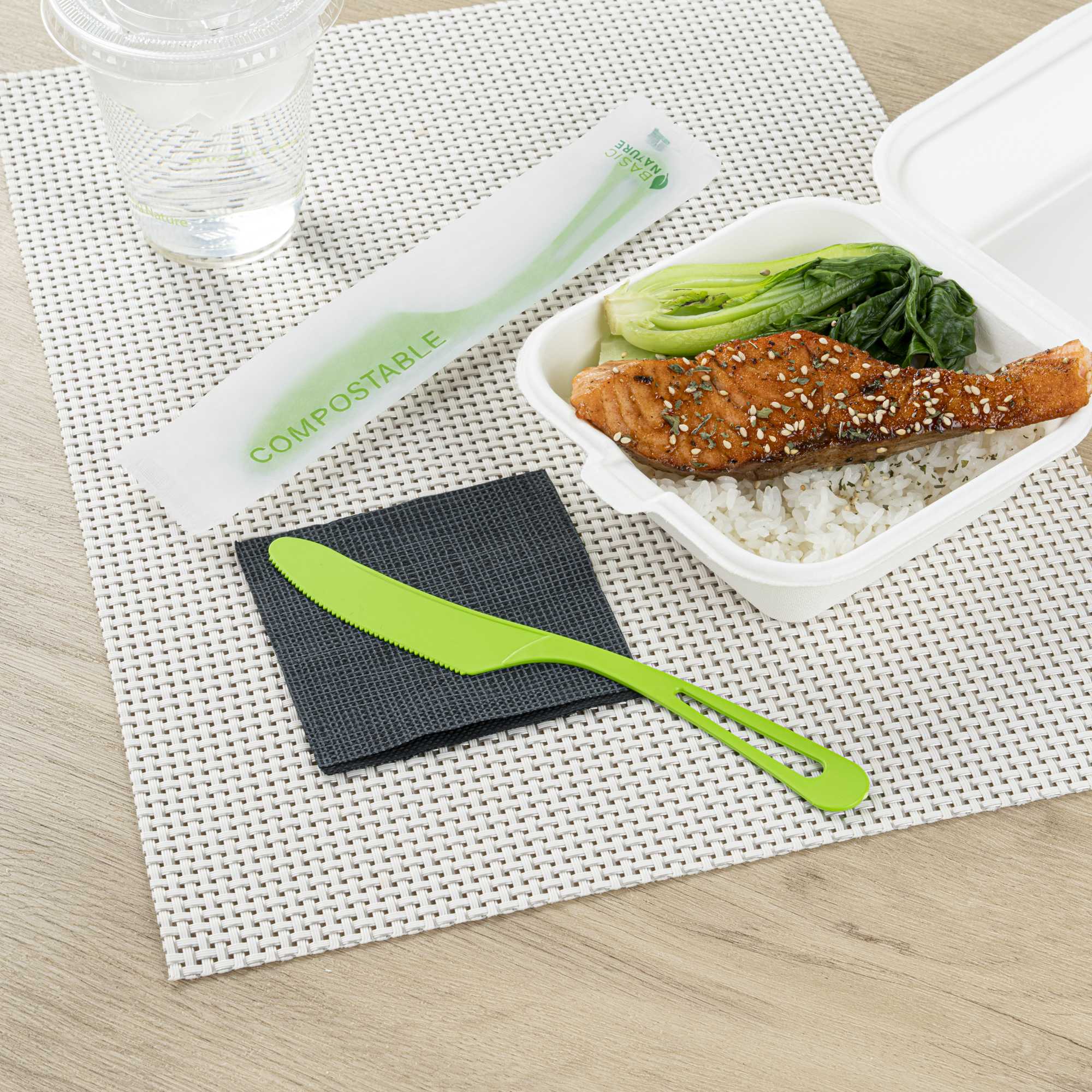 Basic Nature Green CPLA Plastic Knife - Compostable Wrapper, Heat-Resistant - 7 1/2" - 250 count box