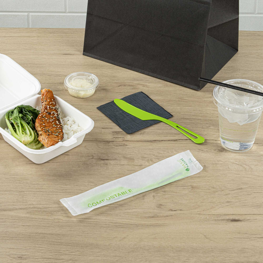 Basic Nature Green CPLA Plastic Knife - Compostable Wrapper, Heat-Resistant - 7 1/2" - 250 count box