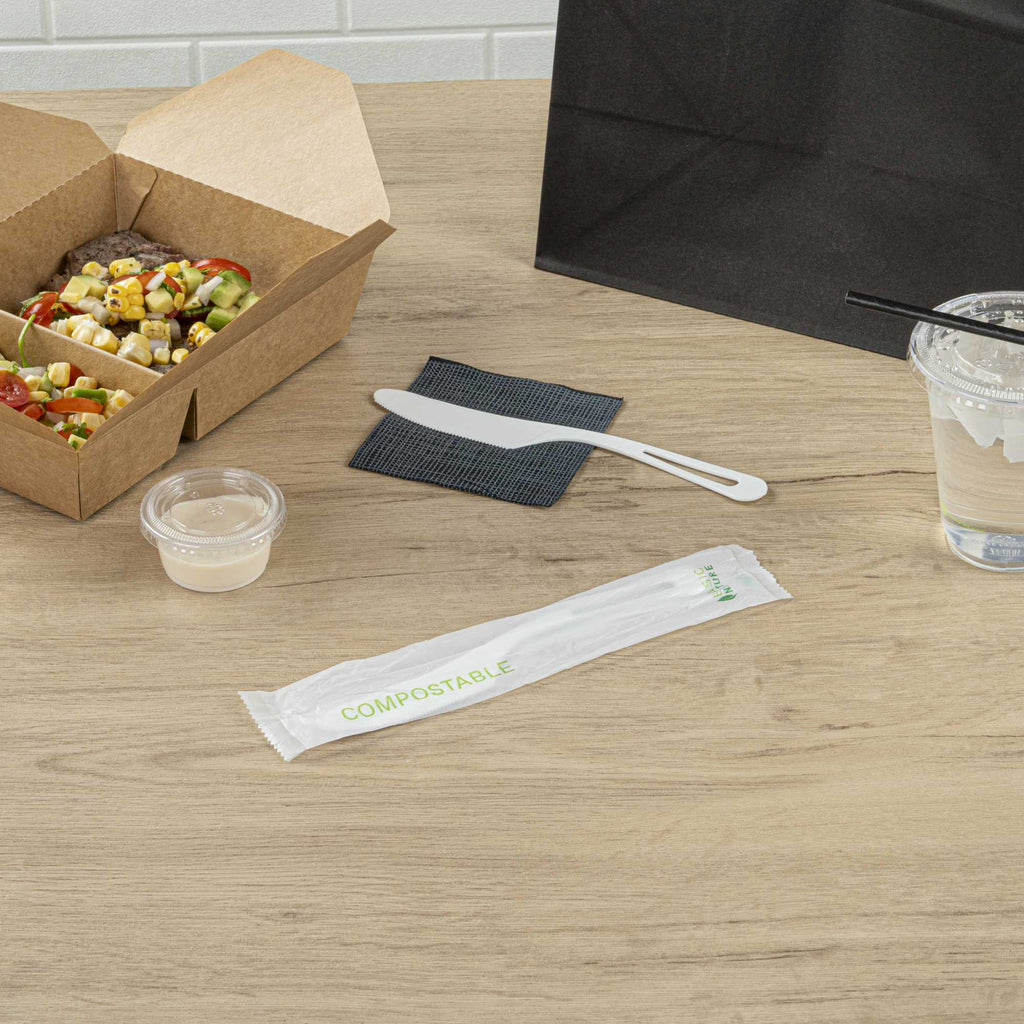 Basic Nature White CPLA Plastic Knife - Compostable Wrapper, Heat-Resistant - 7 1/2" - 250 count box