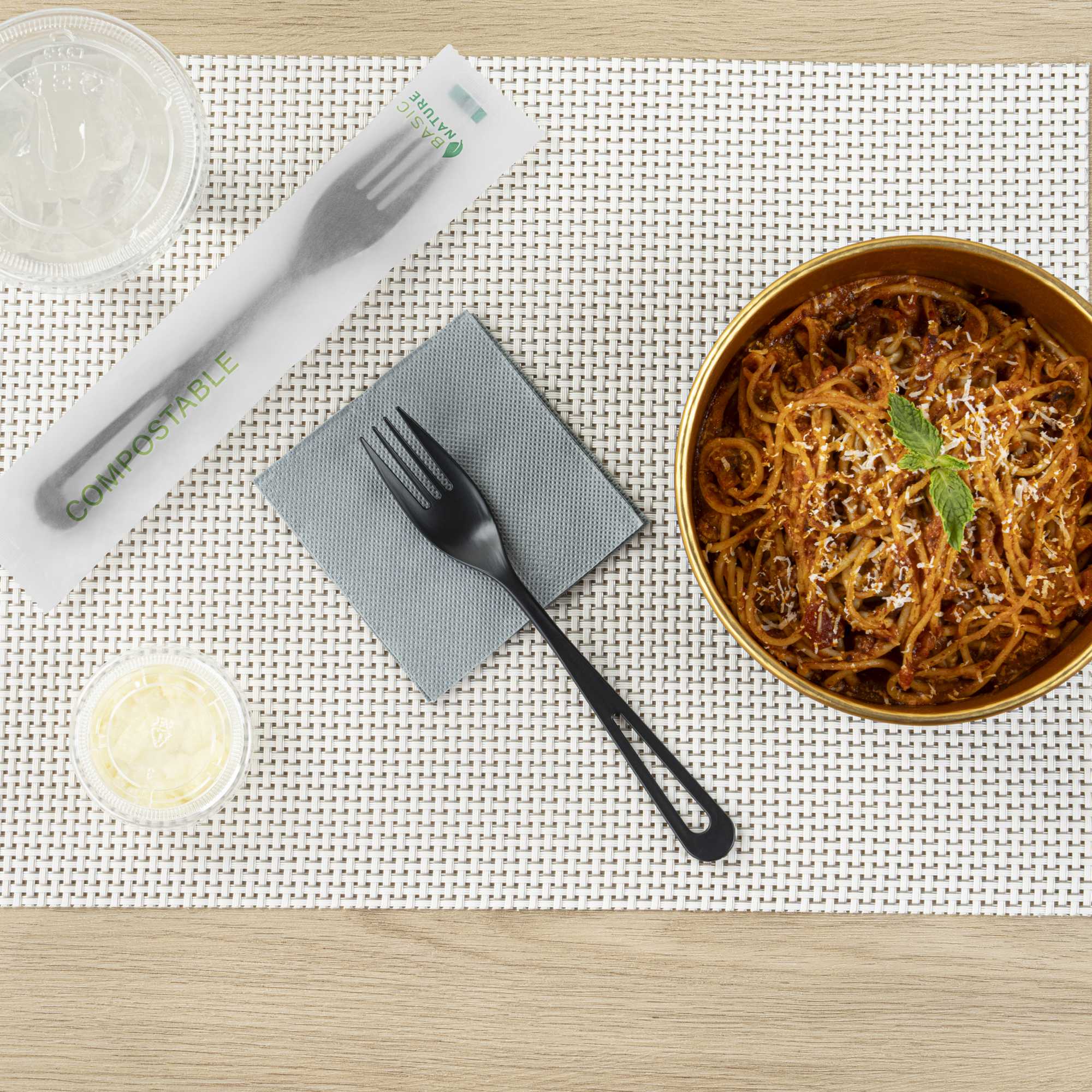Basic Nature Black CPLA Plastic Fork - Compostable Wrapper, Heat-Resistant - 7 1/2" - 250 count box