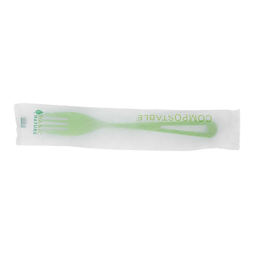 Basic Nature Green CPLA Plastic Fork - Compostable Wrapper, Heat-Resistant - 7 1/2" - 250 count box
