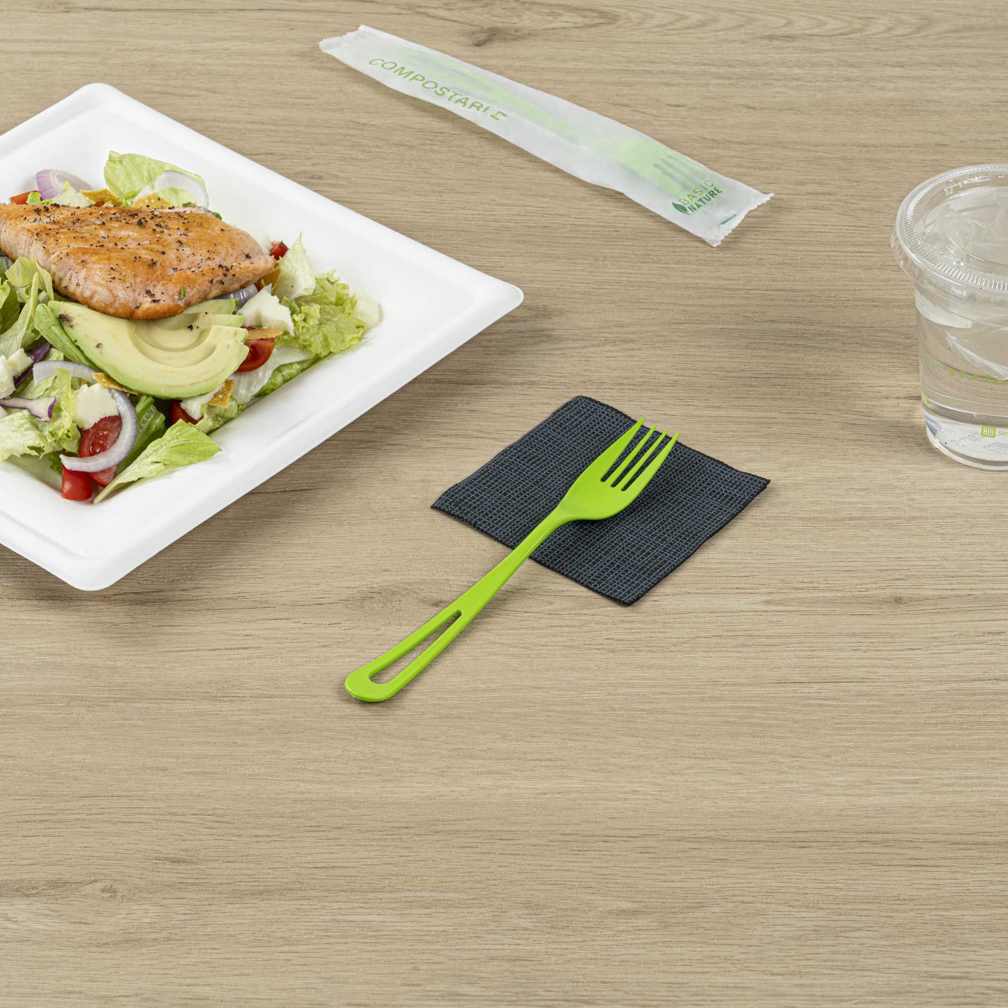 Basic Nature Green CPLA Plastic Fork - Compostable Wrapper, Heat-Resistant - 7 1/2" - 250 count box