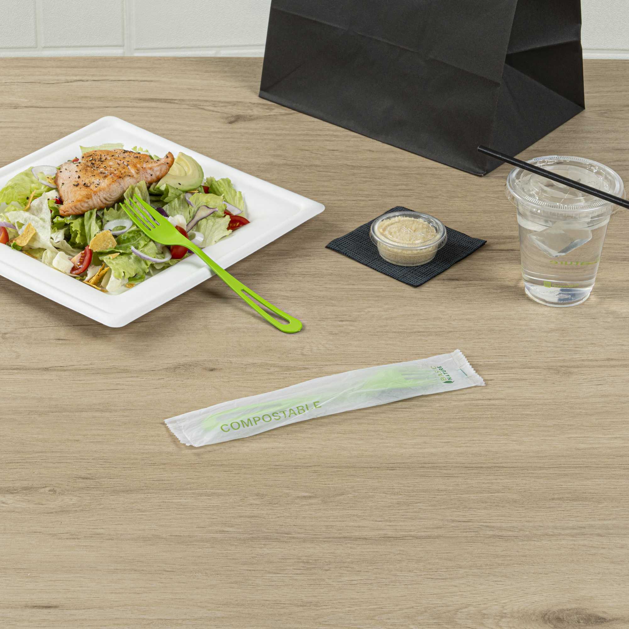 Basic Nature Green CPLA Plastic Fork - Compostable Wrapper, Heat-Resistant - 7 1/2" - 250 count box
