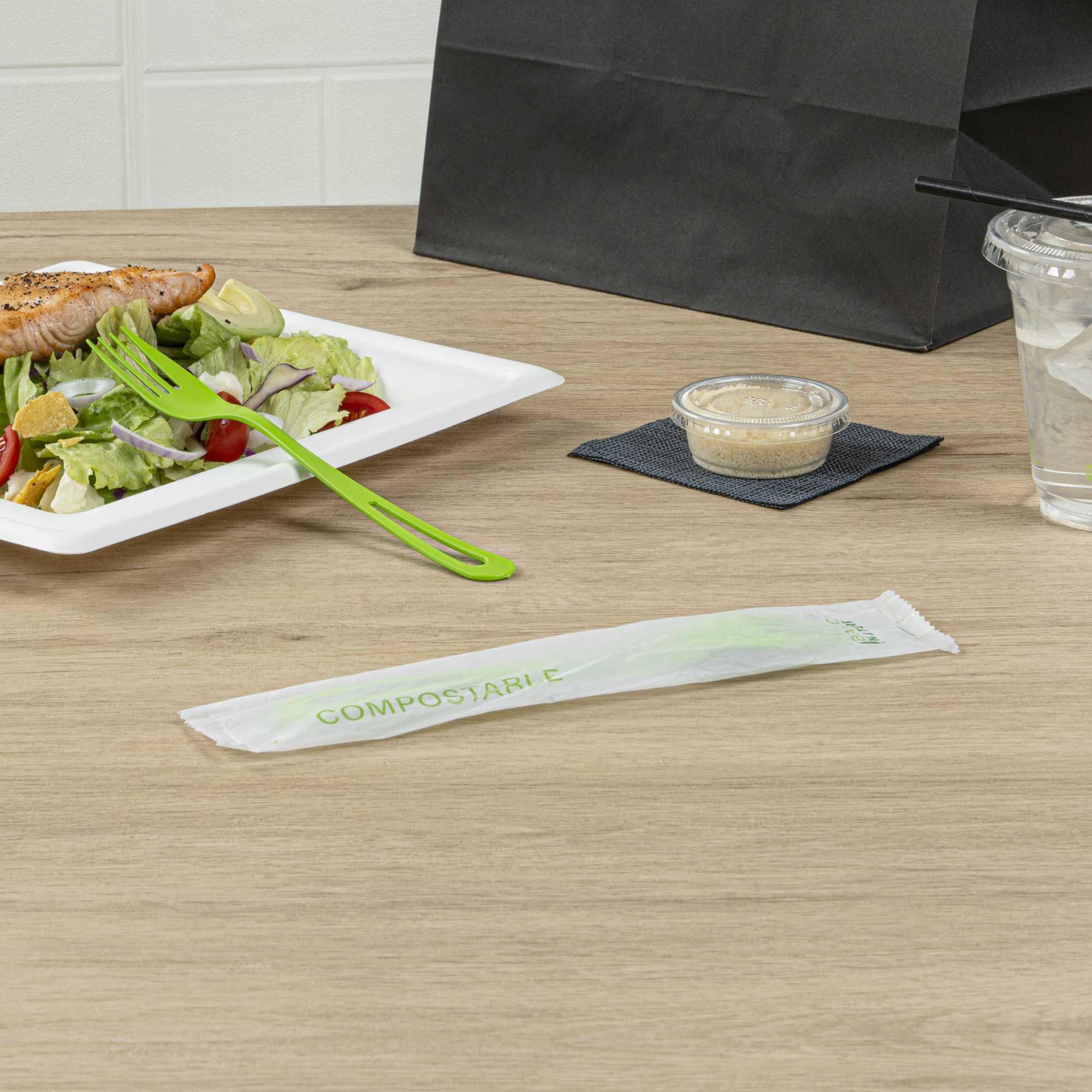Basic Nature Green CPLA Plastic Fork - Compostable Wrapper, Heat-Resistant - 7 1/2" - 250 count box