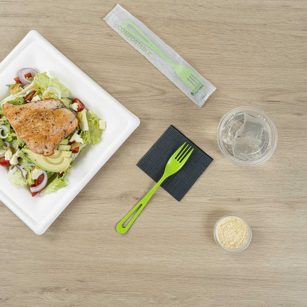 Basic Nature Green CPLA Plastic Fork - Compostable Wrapper, Heat-Resistant - 7 1/2" - 250 count box
