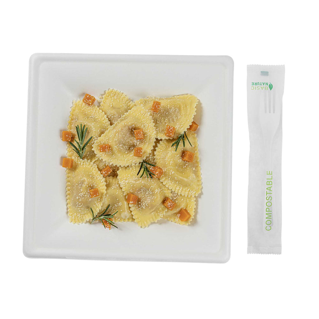 Basic Nature White CPLA Plastic Fork - Compostable Wrapper, Heat-Resistant - 7 1/2" - 250 count box