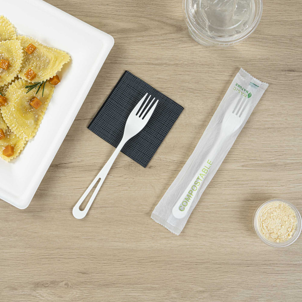Basic Nature White CPLA Plastic Fork - Compostable Wrapper, Heat-Resistant - 7 1/2" - 250 count box