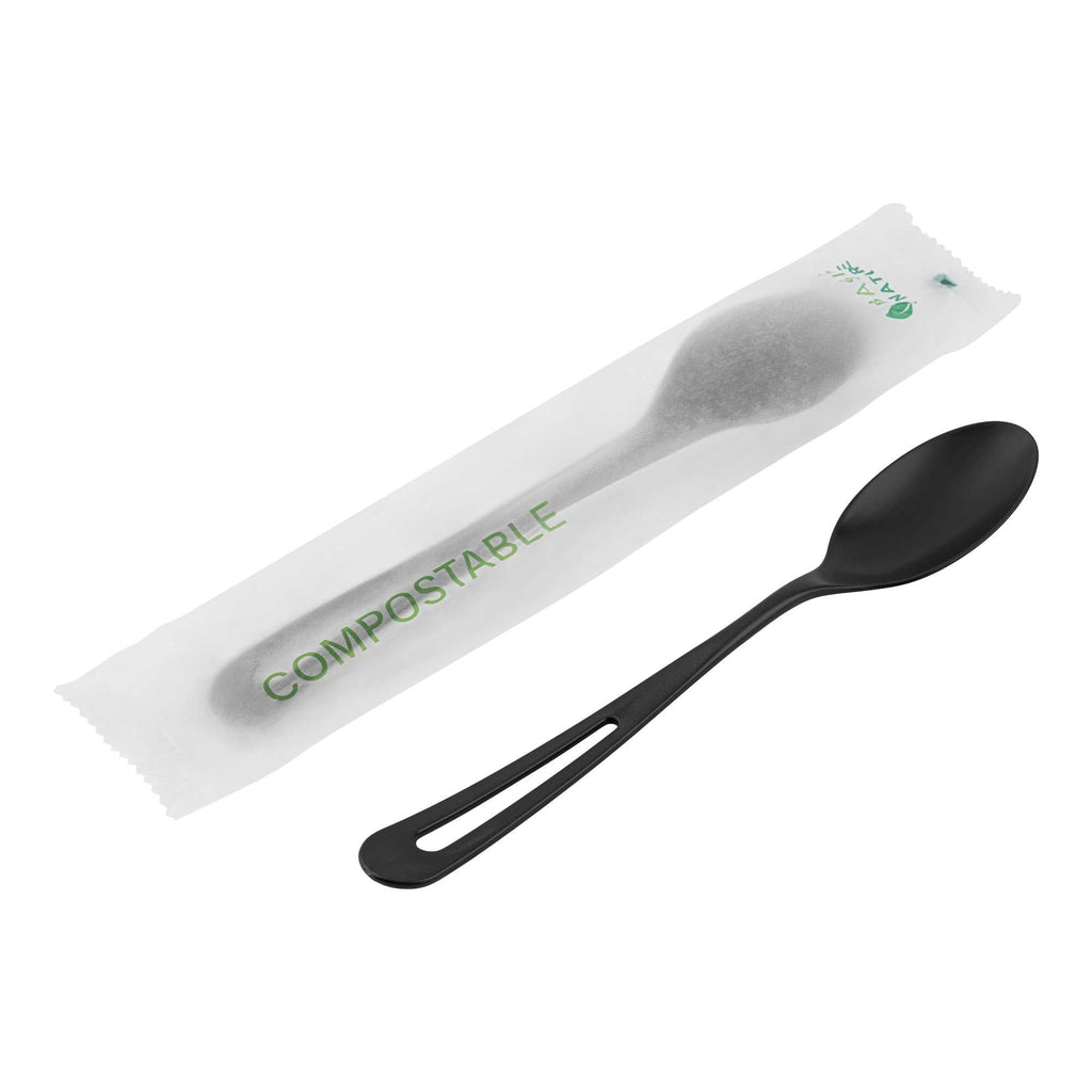 Basic Nature Black CPLA Plastic Spoon - Compostable Wrapper, Heat-Resistant - 7 1/2" - 250 count box