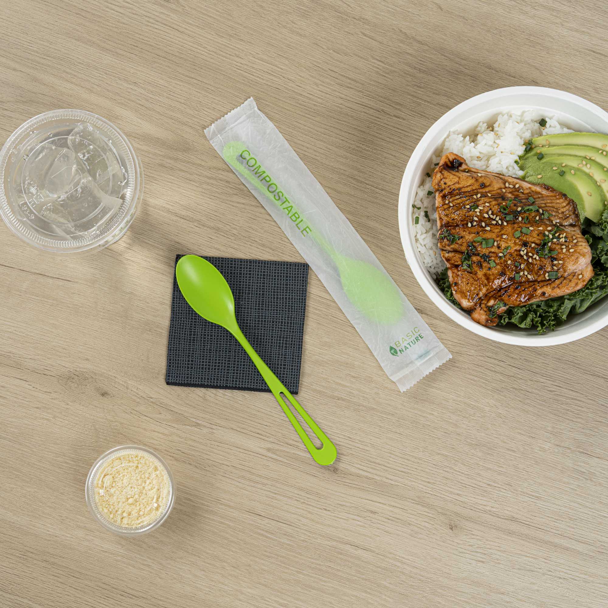 Basic Nature Green CPLA Plastic Spoon - Compostable Wrapper, Heat-Resistant - 7 1/2" - 250 count box