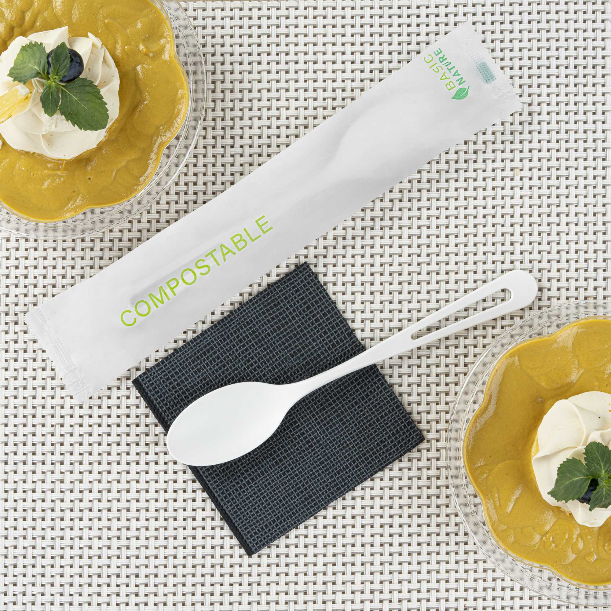 Basic Nature White CPLA Plastic Spoon - Compostable Wrapper, Heat-Resistant - 7 1/2" - 250 count box