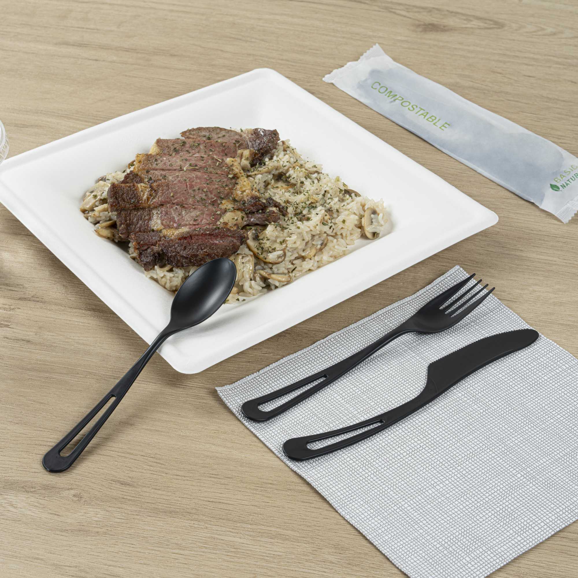 Basic Nature Black CPLA Plastic Cutlery Set - Compostable Wrapper, Heat-Resistant - 7 1/2" - 100 count box