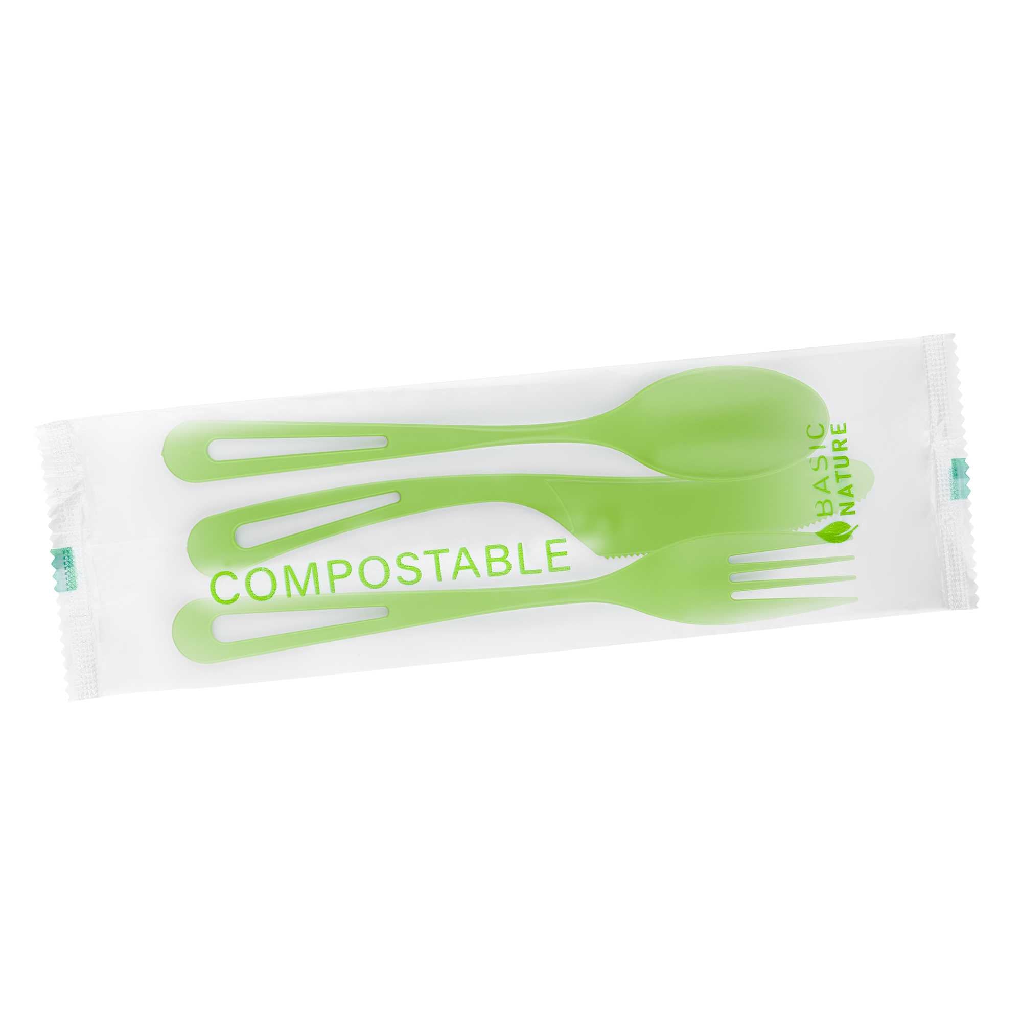 Basic Nature Green CPLA Plastic Cutlery Set - Compostable Wrapper, Heat-Resistant - 7 1/2" - 100 count box
