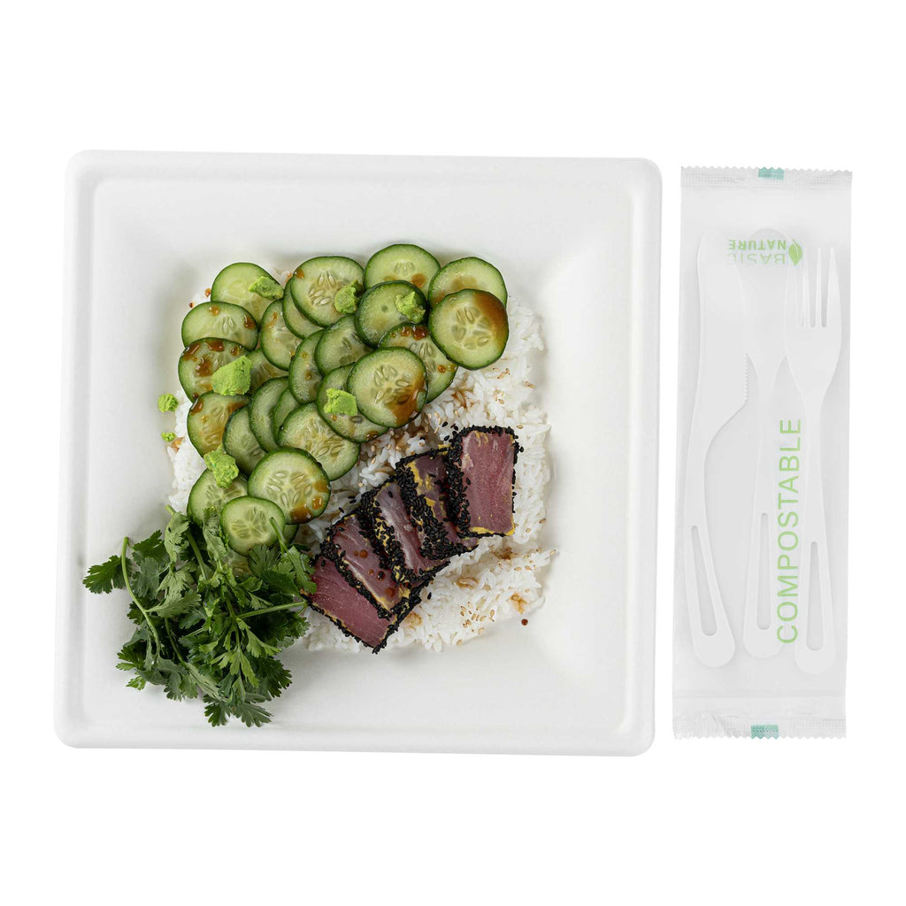 Basic Nature White CPLA Plastic Cutlery Set - Compostable Wrapper, Heat-Resistant - 7 1/2" - 100 count box