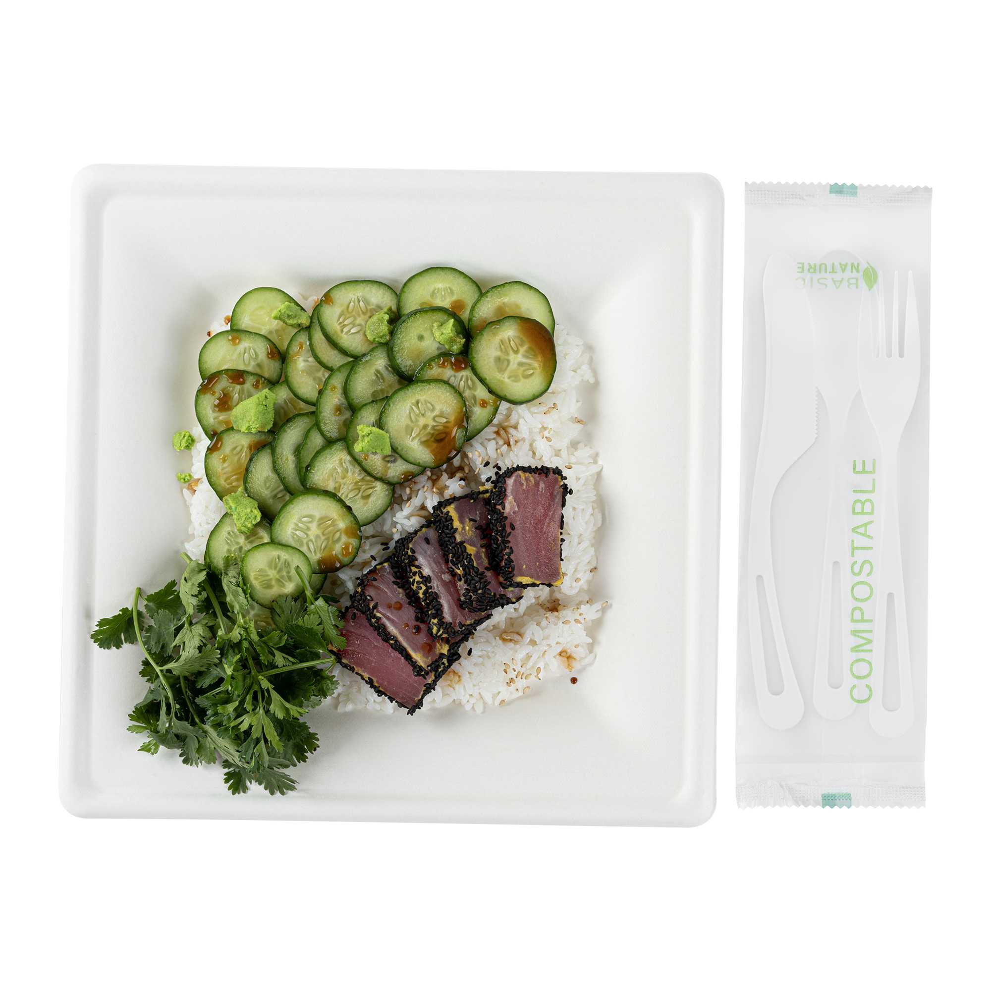 Basic Nature White CPLA Plastic Cutlery Set - Compostable Wrapper, Heat-Resistant - 7 1/2" - 100 count box