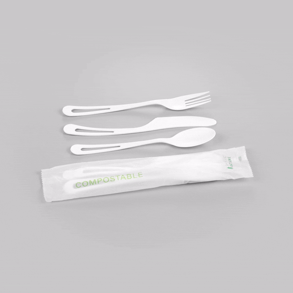 Basic Nature White CPLA Plastic Cutlery Set - Compostable Wrapper, Heat-Resistant - 7 1/2" - 100 count box