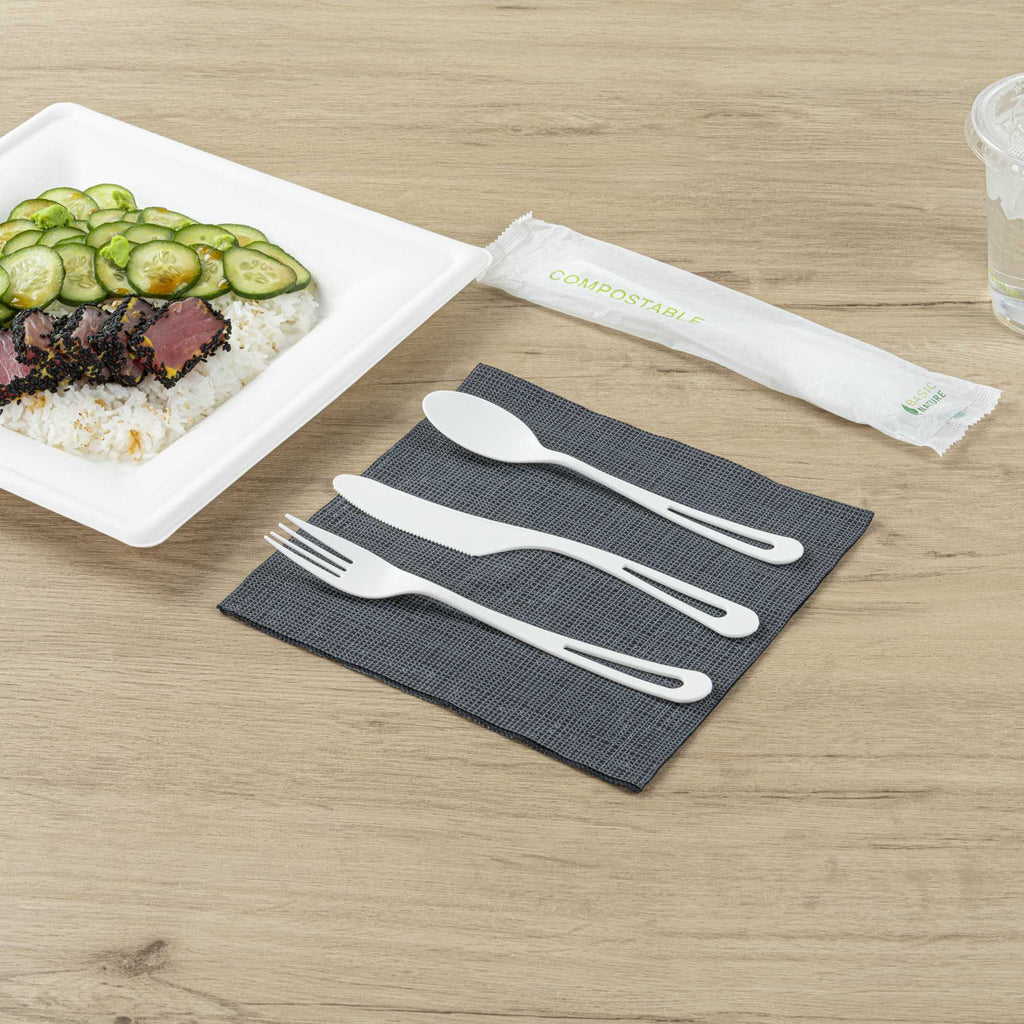 Basic Nature White CPLA Plastic Cutlery Set - Compostable Wrapper, Heat-Resistant - 7 1/2" - 100 count box