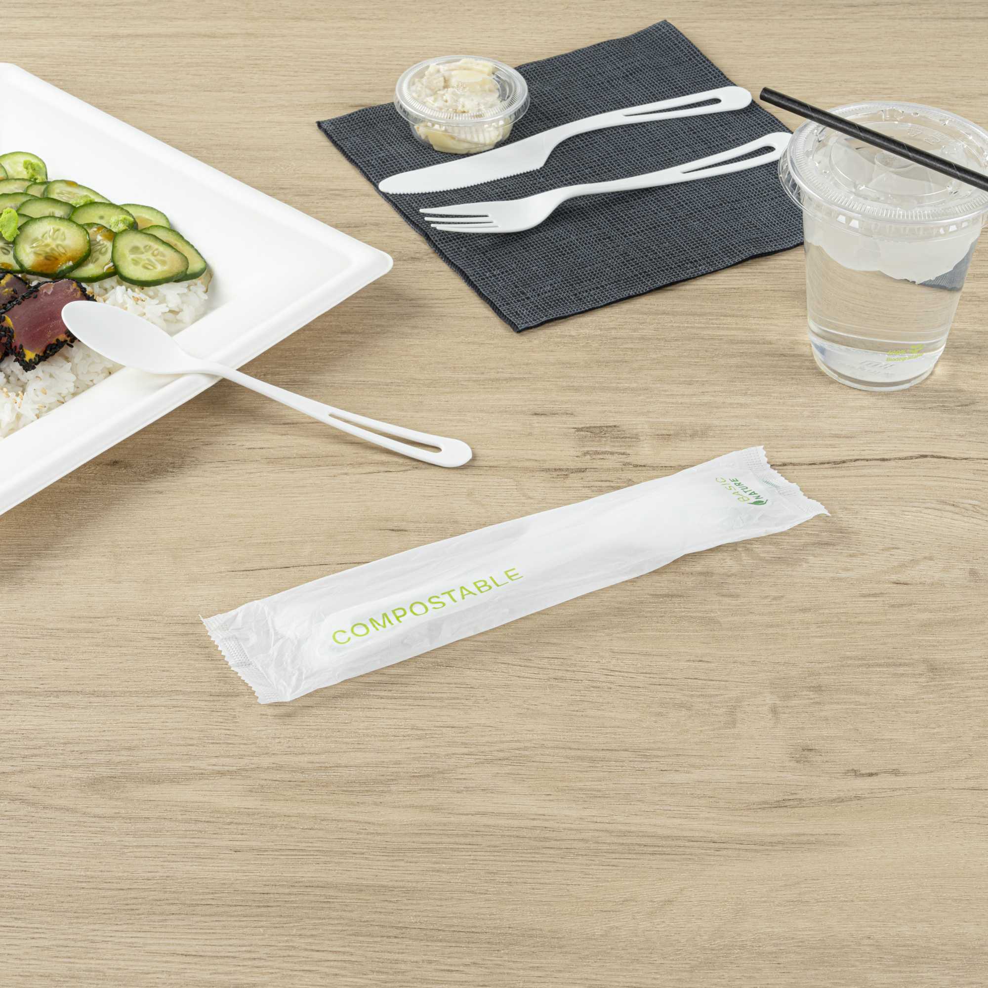 Basic Nature White CPLA Plastic Cutlery Set - Compostable Wrapper, Heat-Resistant - 7 1/2" - 100 count box