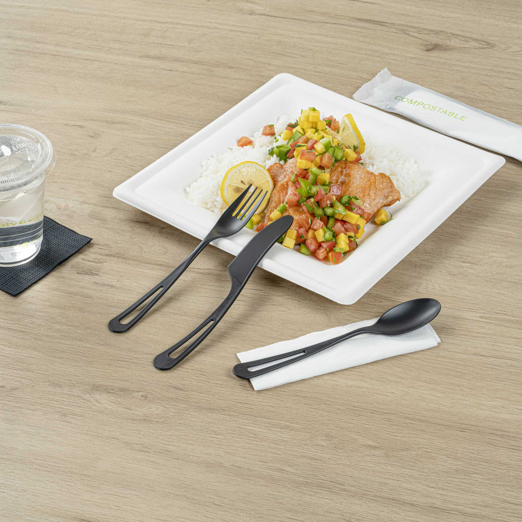 Basic Nature Black CPLA Plastic Cutlery Set - Compostable Wrapper, White Napkin, Heat-Resistant - 7 1/2" - 100 count box