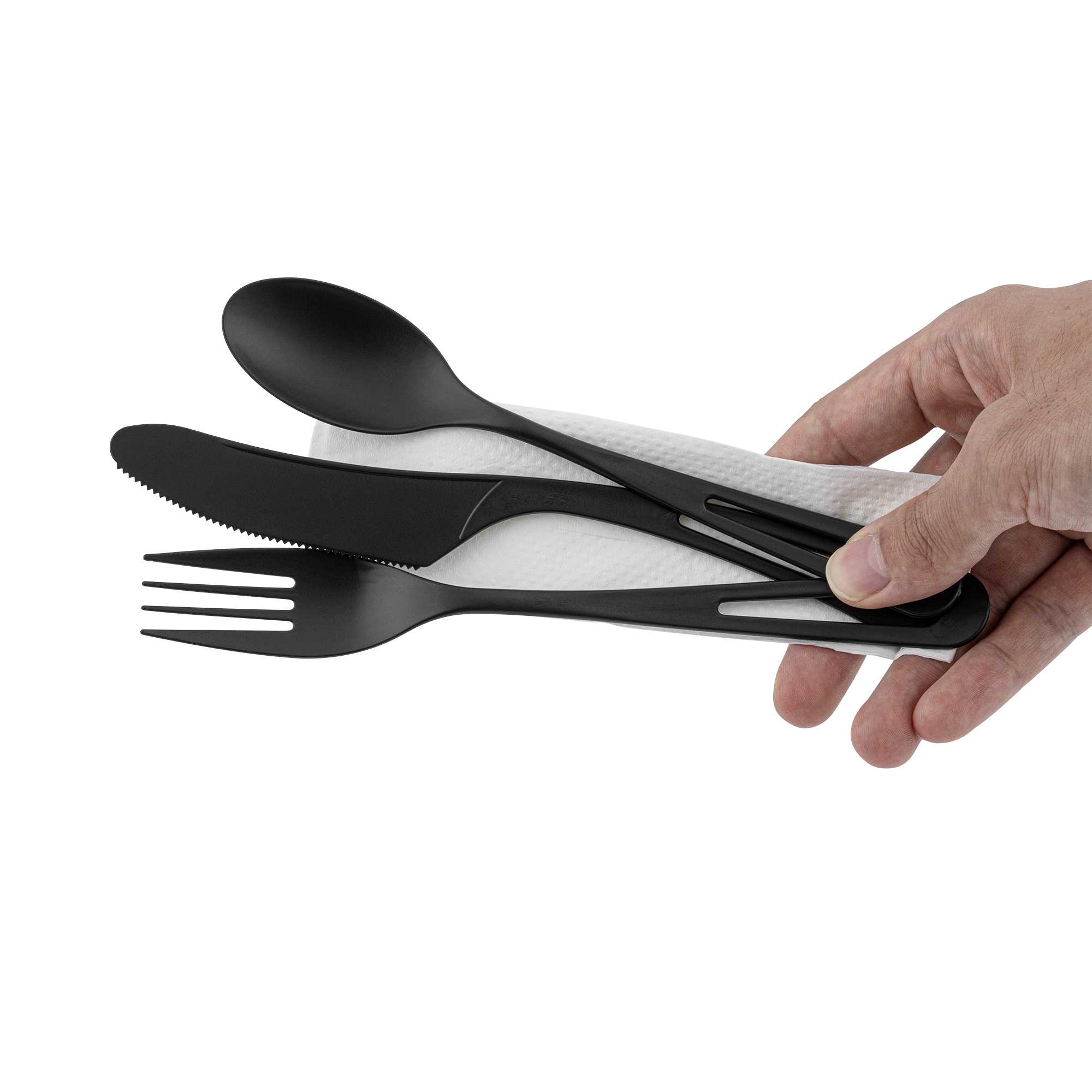 Basic Nature Black CPLA Plastic Cutlery Set - Compostable Wrapper, White Napkin, Heat-Resistant - 7 1/2" - 100 count box