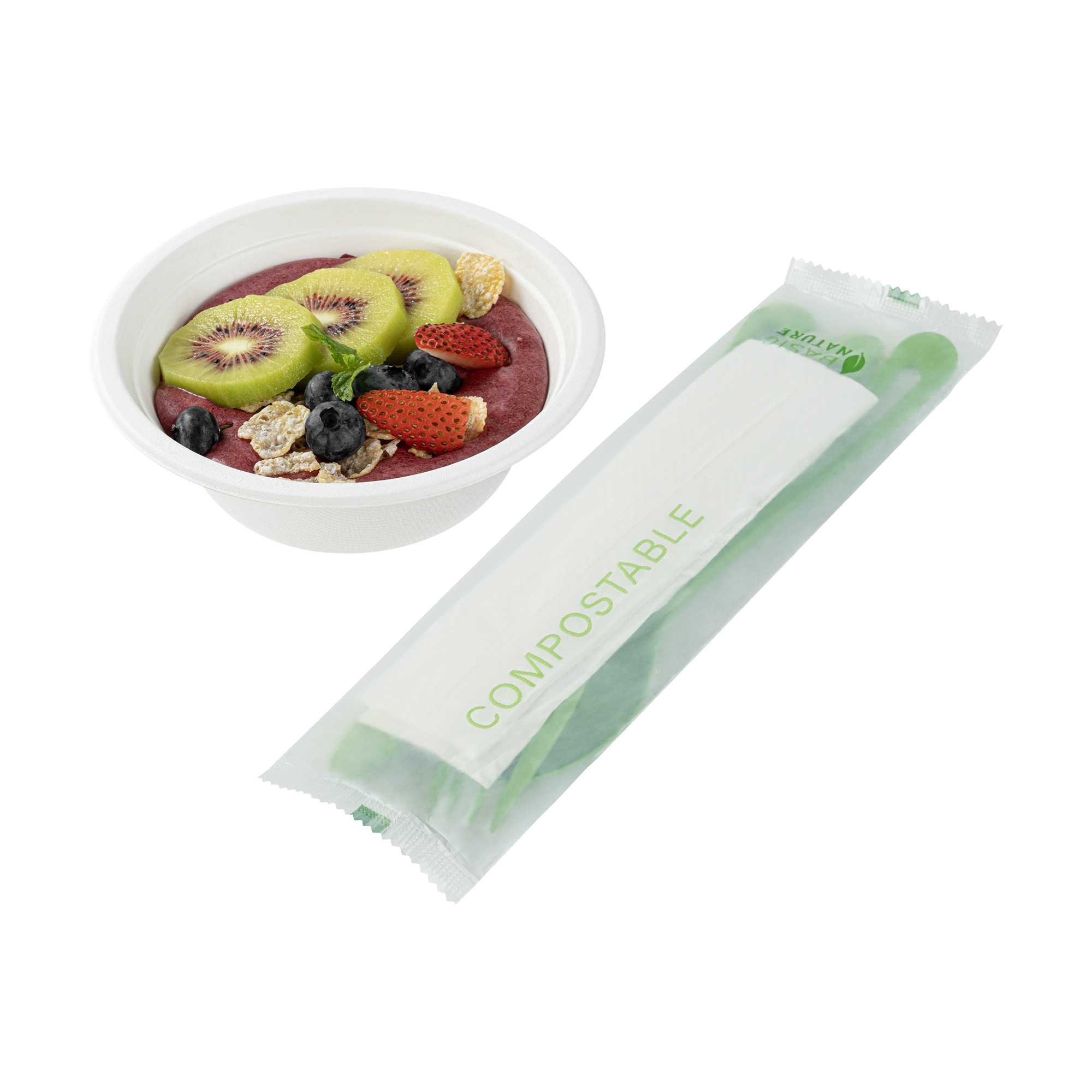 Basic Nature Green CPLA Plastic Cutlery Set - Compostable Wrapper, White Napkin, Heat-Resistant - 7 1/2" - 100 count box