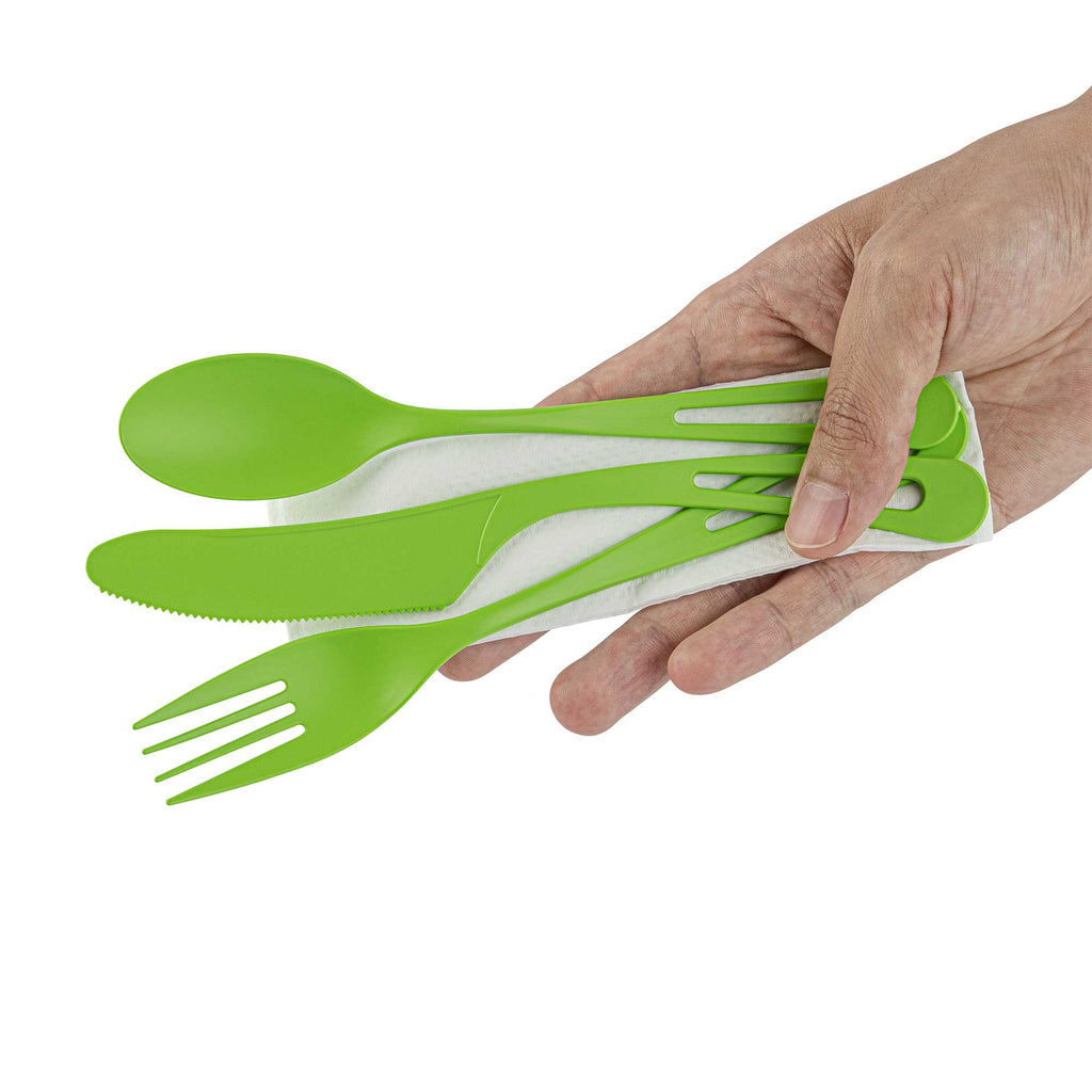 Basic Nature Green CPLA Plastic Cutlery Set - Compostable Wrapper, White Napkin, Heat-Resistant - 7 1/2" - 100 count box