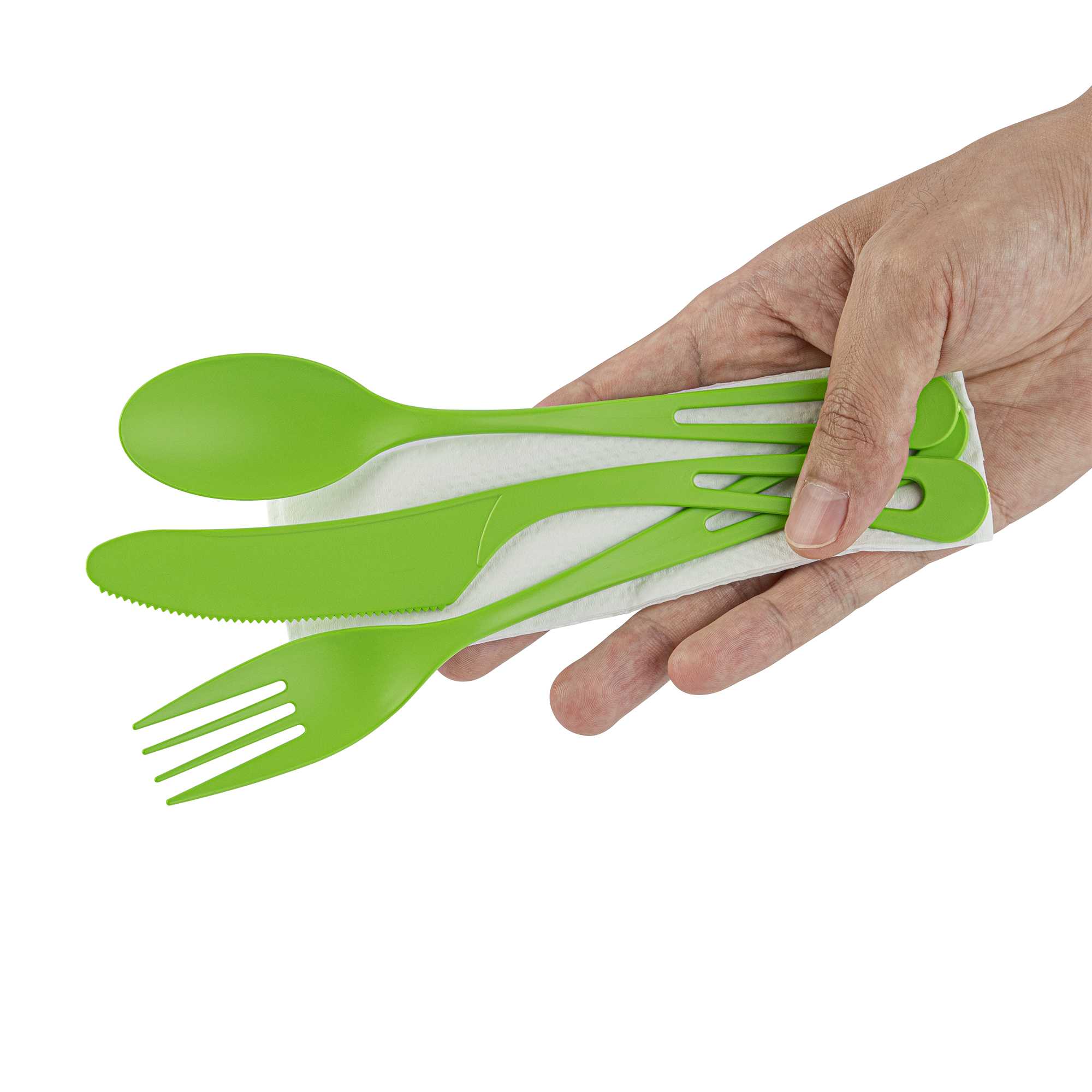 Basic Nature Green CPLA Plastic Cutlery Set - Compostable Wrapper, White Napkin, Heat-Resistant - 7 1/2" - 100 count box
